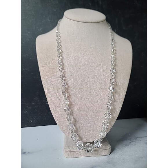 925 Sterling Silver Graduated Faceted Clear Glass Necklace Vintage - Picture 1 of 10